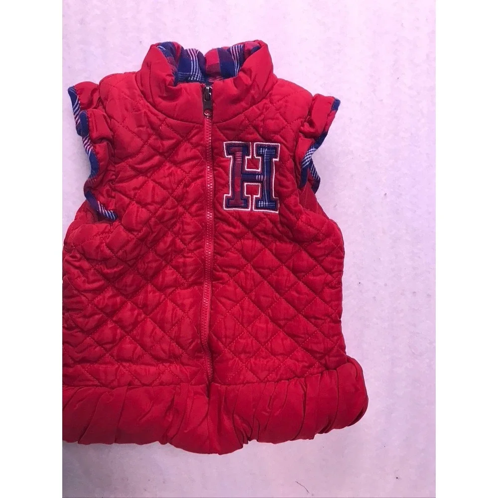 Tommy Hilfiger Quilted‎ Vest Kids 3T Red  Ruffle Hem Plaid Trim Puffer